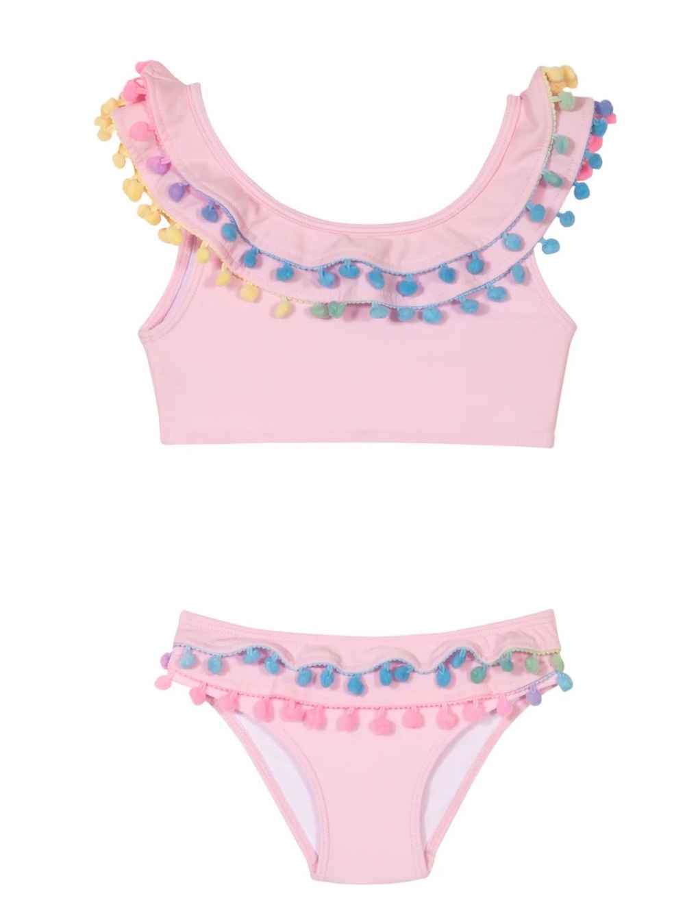 PQ Swim Pink Girls Two-Piece Pom Pom Trim Swimsuit